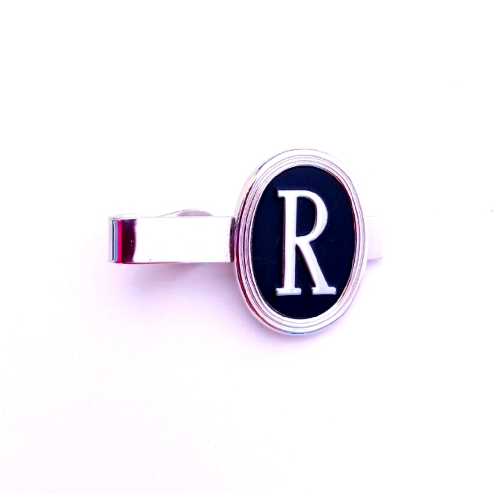 SWANK R TIE CLIP VINTAGE monogram "R" round silvertone 50s 60s silvertone black